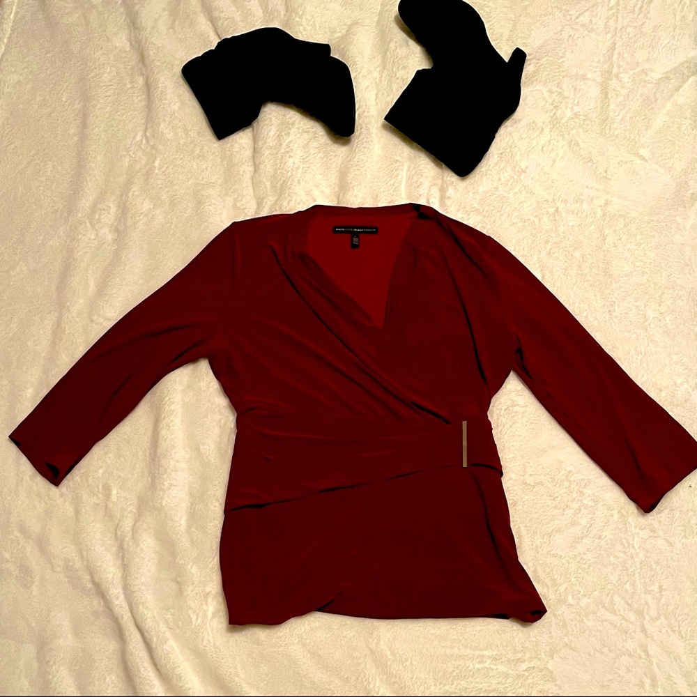 White House Black Market | Red long sleeve top with side buckle | Size Large